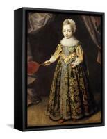 Portrait of a Boy, aged 3, in a Green Dress, Holding a Battledore and Shuttlecock-English School-Framed Stretched Canvas