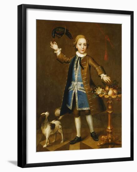 Portrait of a Boy, Holding a Cherry to a Parrot, a Spaniel to His Side, with Fruits on a Stand-John Theodore Heins-Framed Giclee Print