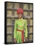 Portrait of a Boy in a Turban Standing in Front of a Wooden Door, Rajasthan State, India-Gavin Hellier-Framed Stretched Canvas