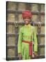 Portrait of a Boy in a Turban Standing in Front of a Wooden Door, Rajasthan State, India-Gavin Hellier-Stretched Canvas