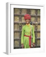 Portrait of a Boy in a Turban Standing in Front of a Wooden Door, Rajasthan State, India-Gavin Hellier-Framed Photographic Print