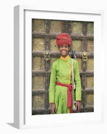 Portrait of a Boy in a Turban Standing in Front of a Wooden Door, Rajasthan State, India-Gavin Hellier-Framed Photographic Print