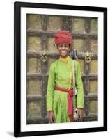 Portrait of a Boy in a Turban Standing in Front of a Wooden Door, Rajasthan State, India-Gavin Hellier-Framed Photographic Print