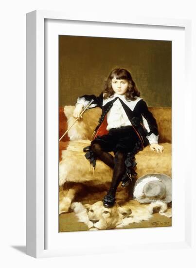 Portrait of a Boy, Seated Full Length, on a Sofa Draped with a Lion Skin-Geza Vastagh-Framed Giclee Print