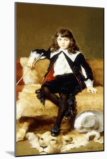 Portrait of a Boy, Seated Full Length, on a Sofa Draped with a Lion Skin-Geza Vastagh-Mounted Giclee Print