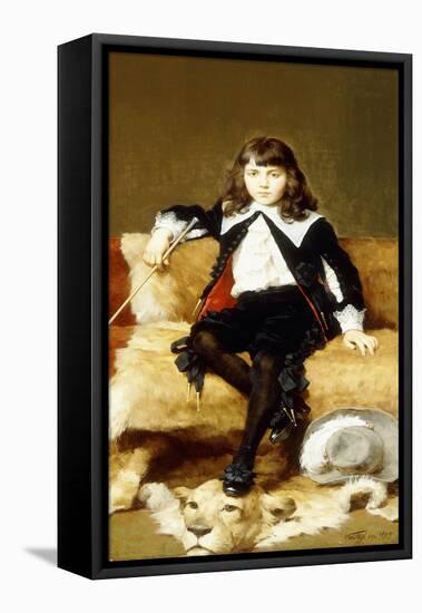 Portrait of a Boy, Seated Full Length, on a Sofa Draped with a Lion Skin-Geza Vastagh-Framed Stretched Canvas