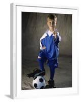 Portrait of a Boy Standing with His Foot on a Soccer Ball-null-Framed Photographic Print