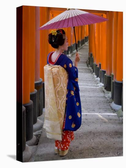 Portrait of a Geisha Holding an Ornate Umbrella at Fushimi-Inari Taisha Shrine, Honshu, Japan-Gavin Hellier-Stretched Canvas
