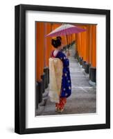 Portrait of a Geisha Holding an Ornate Umbrella at Fushimi-Inari Taisha Shrine, Honshu, Japan-Gavin Hellier-Framed Premium Photographic Print