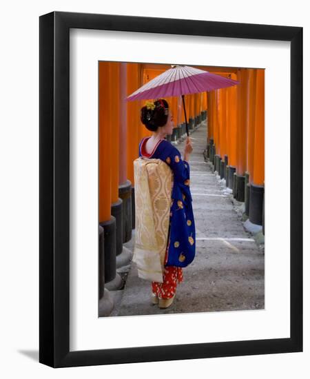 Portrait of a Geisha Holding an Ornate Umbrella at Fushimi-Inari Taisha Shrine, Honshu, Japan-Gavin Hellier-Framed Premium Photographic Print