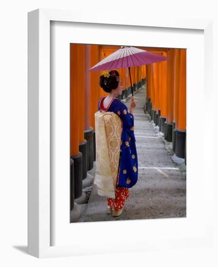 Portrait of a Geisha Holding an Ornate Umbrella at Fushimi-Inari Taisha Shrine, Honshu, Japan-Gavin Hellier-Framed Photographic Print