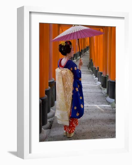 Portrait of a Geisha Holding an Ornate Umbrella at Fushimi-Inari Taisha Shrine, Honshu, Japan-Gavin Hellier-Framed Photographic Print