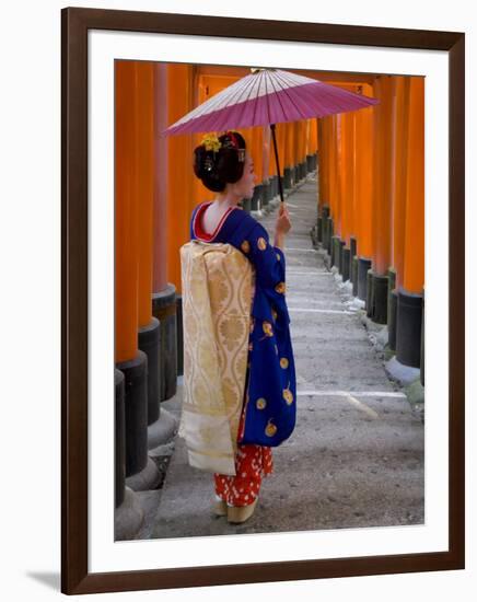 Portrait of a Geisha Holding an Ornate Umbrella at Fushimi-Inari Taisha Shrine, Honshu, Japan-Gavin Hellier-Framed Photographic Print