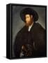Portrait of a Gentleman, Half-Length, Wearing a Black Costume and a Black Hat-Giovanni de Busi Cariani-Framed Stretched Canvas