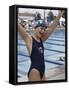 Portrait of a Joyous Girl Standing Beside a Swimming Pool-null-Framed Stretched Canvas
