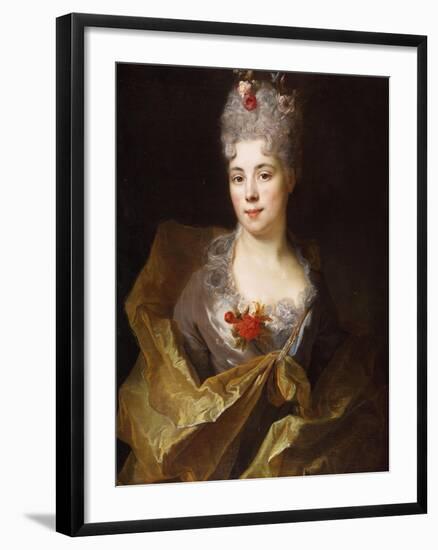 Portrait of a Lady, Half Length, Wearing a White Dress and a Yellow Wrap, with Flowers in Her Hair-Nicolas de Largilliere-Framed Giclee Print