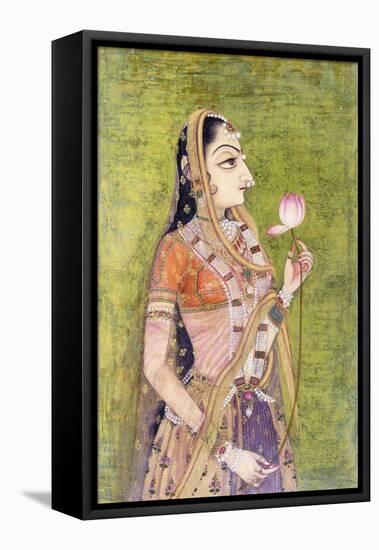 Portrait of a Lady Holding a Lotus, C. 1740-1750 (W/C on Pink Coloured Paper)-null-Framed Stretched Canvas