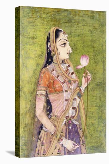 Portrait of a Lady Holding a Lotus, C. 1740-1750 (W/C on Pink Coloured Paper)-null-Stretched Canvas