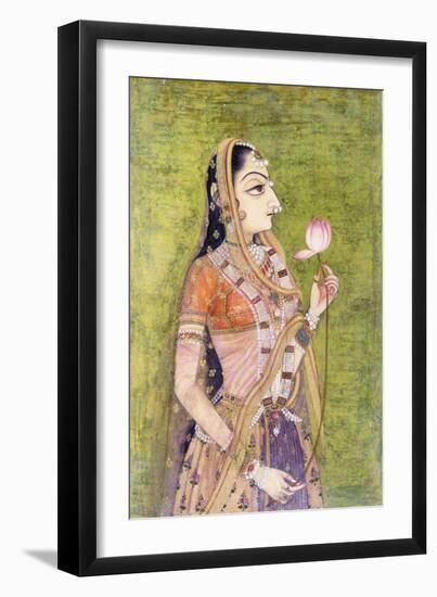 Portrait of a Lady Holding a Lotus, C. 1740-1750 (W/C on Pink Coloured Paper)-null-Framed Giclee Print