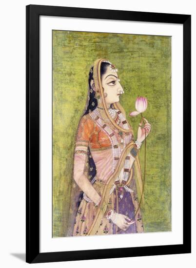 Portrait of a Lady Holding a Lotus, C. 1740-1750 (W/C on Pink Coloured Paper)-null-Framed Giclee Print