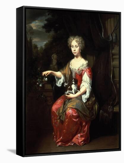 Portrait of a Lady Holding Her Pet King Charles Spaniel-Jan Verkolje-Framed Stretched Canvas