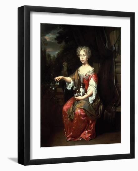 Portrait of a Lady Holding Her Pet King Charles Spaniel-Jan Verkolje-Framed Giclee Print