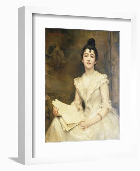 Portrait of a Lady in a White Dress, Reading a Music Score-Caroline Feuillas-Creusy-Framed Giclee Print