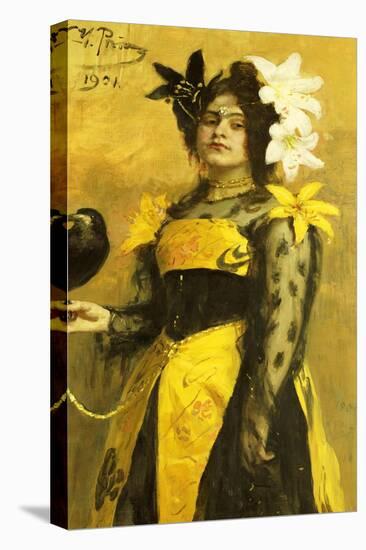 Portrait of a Lady in a Yellow and Black Gown Adorned with Lilies Holding a Black Bird, 1901-Ilya Efimovich Repin-Stretched Canvas