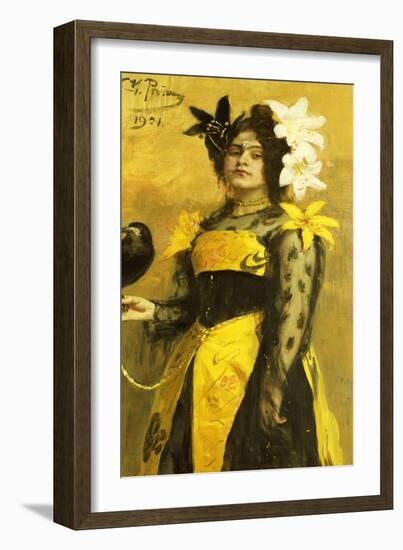 Portrait of a Lady in a Yellow and Black Gown Adorned with Lilies Holding a Black Bird, 1901-Ilya Efimovich Repin-Framed Giclee Print