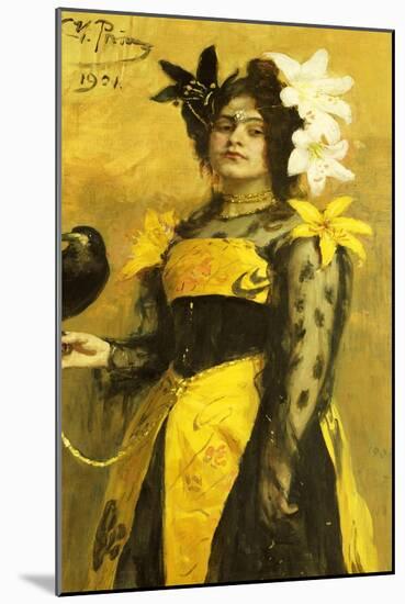 Portrait of a Lady in a Yellow and Black Gown Adorned with Lilies Holding a Black Bird, 1901-Ilya Efimovich Repin-Mounted Giclee Print