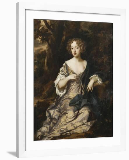 Portrait of a Lady, Seated Full Length, in a Wooded Landscape, Wearing a Violet Silk Dress with…-Sir Peter Lely-Framed Giclee Print