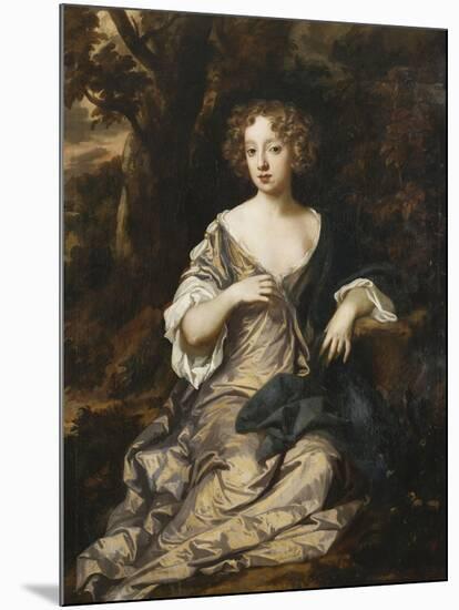 Portrait of a Lady, Seated Full Length, in a Wooded Landscape, Wearing a Violet Silk Dress with…-Sir Peter Lely-Mounted Giclee Print
