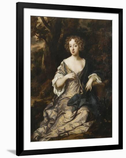 Portrait of a Lady, Seated Full Length, in a Wooded Landscape, Wearing a Violet Silk Dress with…-Sir Peter Lely-Framed Giclee Print