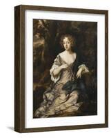 Portrait of a Lady, Seated Full Length, in a Wooded Landscape, Wearing a Violet Silk Dress with…-Sir Peter Lely-Framed Giclee Print