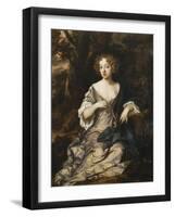 Portrait of a Lady, Seated Full Length, in a Wooded Landscape, Wearing a Violet Silk Dress with…-Sir Peter Lely-Framed Giclee Print