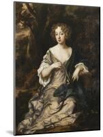 Portrait of a Lady, Seated Full Length, in a Wooded Landscape, Wearing a Violet Silk Dress with…-Sir Peter Lely-Mounted Giclee Print