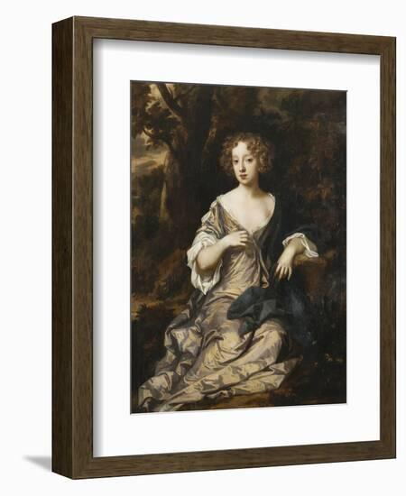 Portrait of a Lady, Seated Full Length, in a Wooded Landscape, Wearing a Violet Silk Dress with…-Sir Peter Lely-Framed Giclee Print