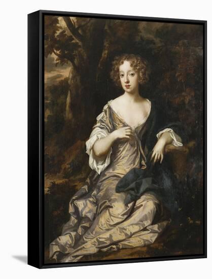 Portrait of a Lady, Seated Full Length, in a Wooded Landscape, Wearing a Violet Silk Dress with…-Sir Peter Lely-Framed Stretched Canvas