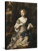 Portrait of a Lady, Seated Full Length, in a Wooded Landscape, Wearing a Violet Silk Dress with…-Sir Peter Lely-Stretched Canvas