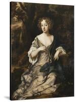 Portrait of a Lady, Seated Full Length, in a Wooded Landscape, Wearing a Violet Silk Dress with…-Sir Peter Lely-Stretched Canvas