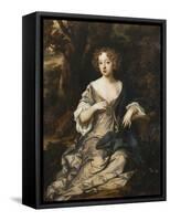 Portrait of a Lady, Seated Full Length, in a Wooded Landscape, Wearing a Violet Silk Dress with…-Sir Peter Lely-Framed Stretched Canvas