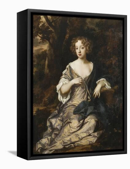 Portrait of a Lady, Seated Full Length, in a Wooded Landscape, Wearing a Violet Silk Dress with…-Sir Peter Lely-Framed Stretched Canvas