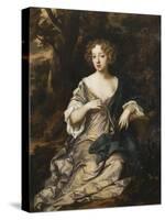 Portrait of a Lady, Seated Full Length, in a Wooded Landscape, Wearing a Violet Silk Dress with…-Sir Peter Lely-Stretched Canvas