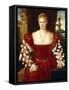 Portrait of a Lady, Standing Three-Quarter Length, Wearing a Red Velvet Dress-Bonifazio de' Pitati-Framed Stretched Canvas