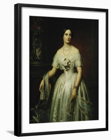 Portrait of a Lady Standing Three-Quarter Length Wearing a White Dress-August Schiott-Framed Giclee Print