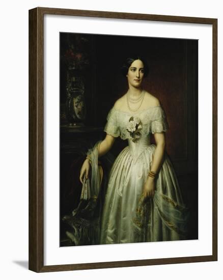 Portrait of a Lady Standing Three-Quarter Length Wearing a White Dress-August Schiott-Framed Giclee Print