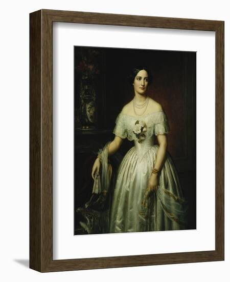 Portrait of a Lady Standing Three-Quarter Length Wearing a White Dress-August Schiott-Framed Giclee Print