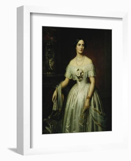 Portrait of a Lady Standing Three-Quarter Length Wearing a White Dress-August Schiott-Framed Giclee Print