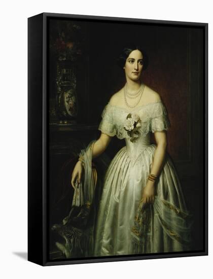 Portrait of a Lady Standing Three-Quarter Length Wearing a White Dress-August Schiott-Framed Stretched Canvas