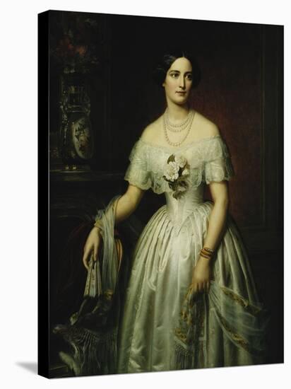 Portrait of a Lady Standing Three-Quarter Length Wearing a White Dress-August Schiott-Stretched Canvas